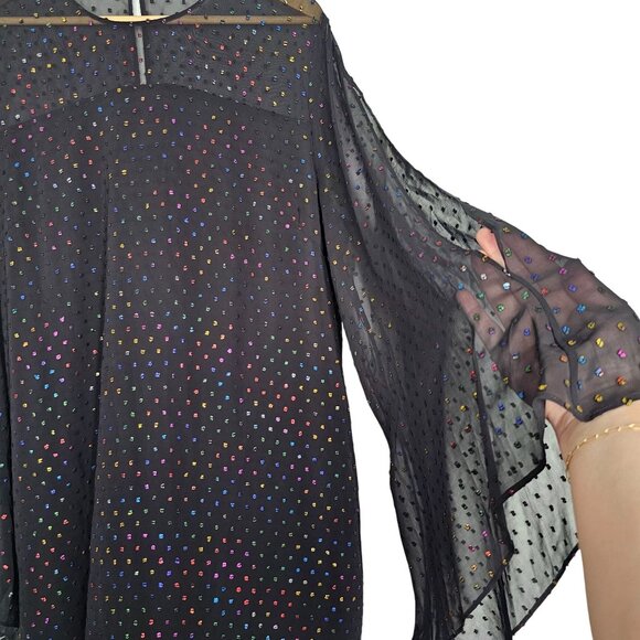 Trina Turk XL Black Rainbow Clip Dot Polkadot Tunic Top Sheer‎ Slit Bell Sleeve - Picture 10 of 15
